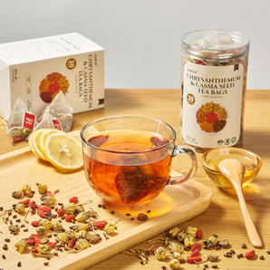 Lynginya Chrysanthemum Cassia Seed Tea, 8 Tea Bags with Burdock Root, Osmanthus, Goji Berries, Honeysuckle - Natural Herbal Tea - Earthy and Fragrant - No Sugar & No Caffeine